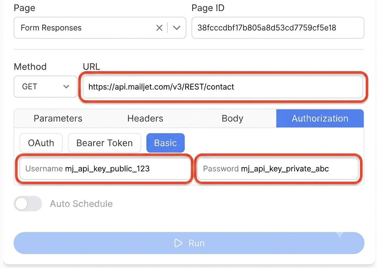 Get your Mailjet API keys and create your request - Note API Connector screenshot