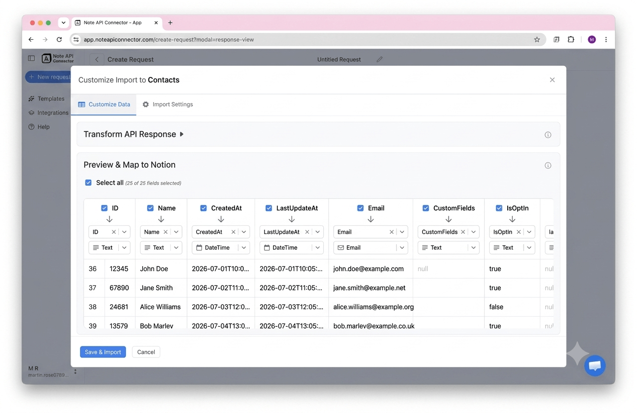 Choose your data and map fields - Note API Connector screenshot