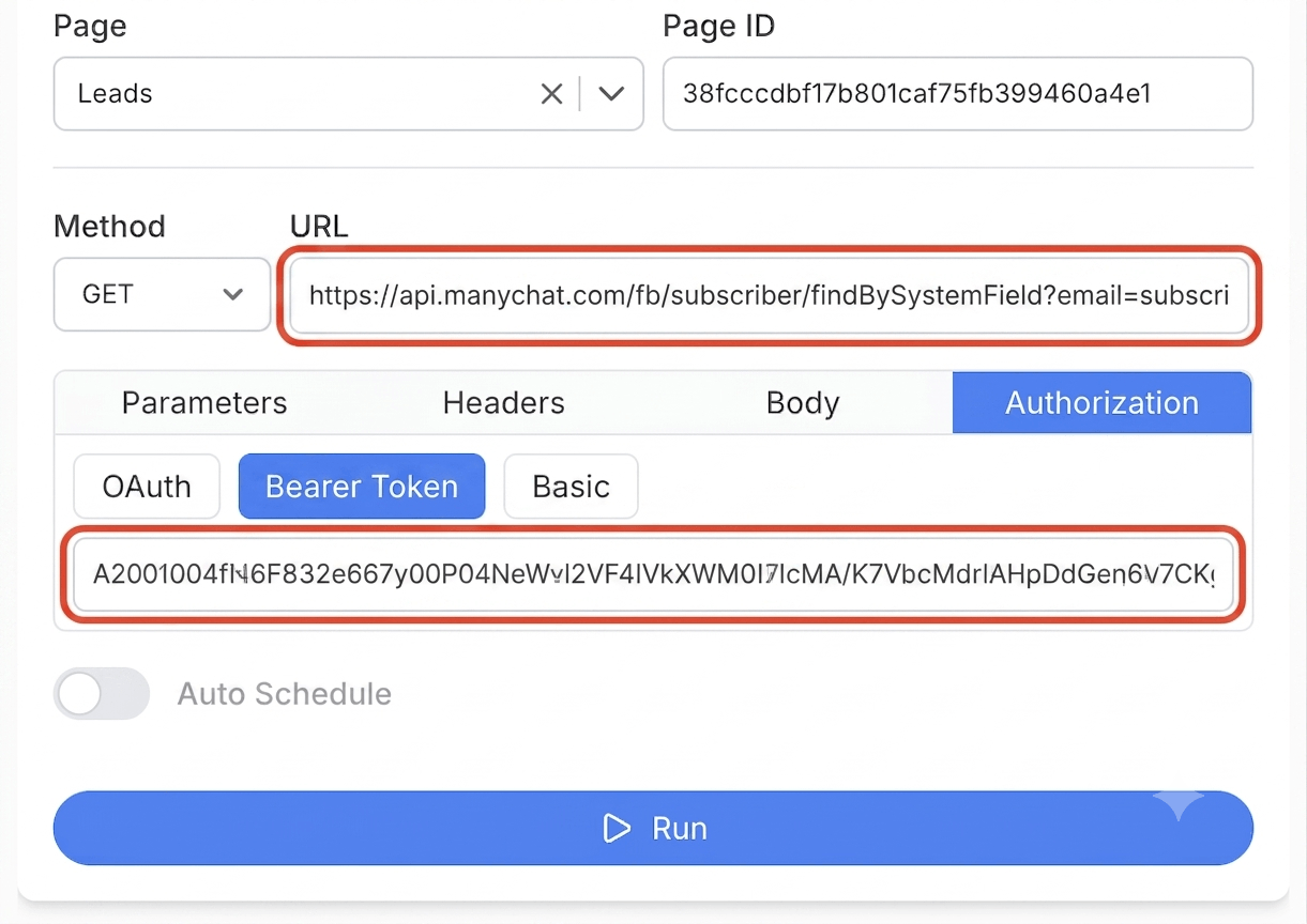 Get your ManyChat API token and create your request - Note API Connector screenshot