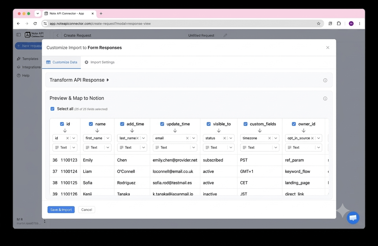 Choose your data and map fields - Note API Connector screenshot