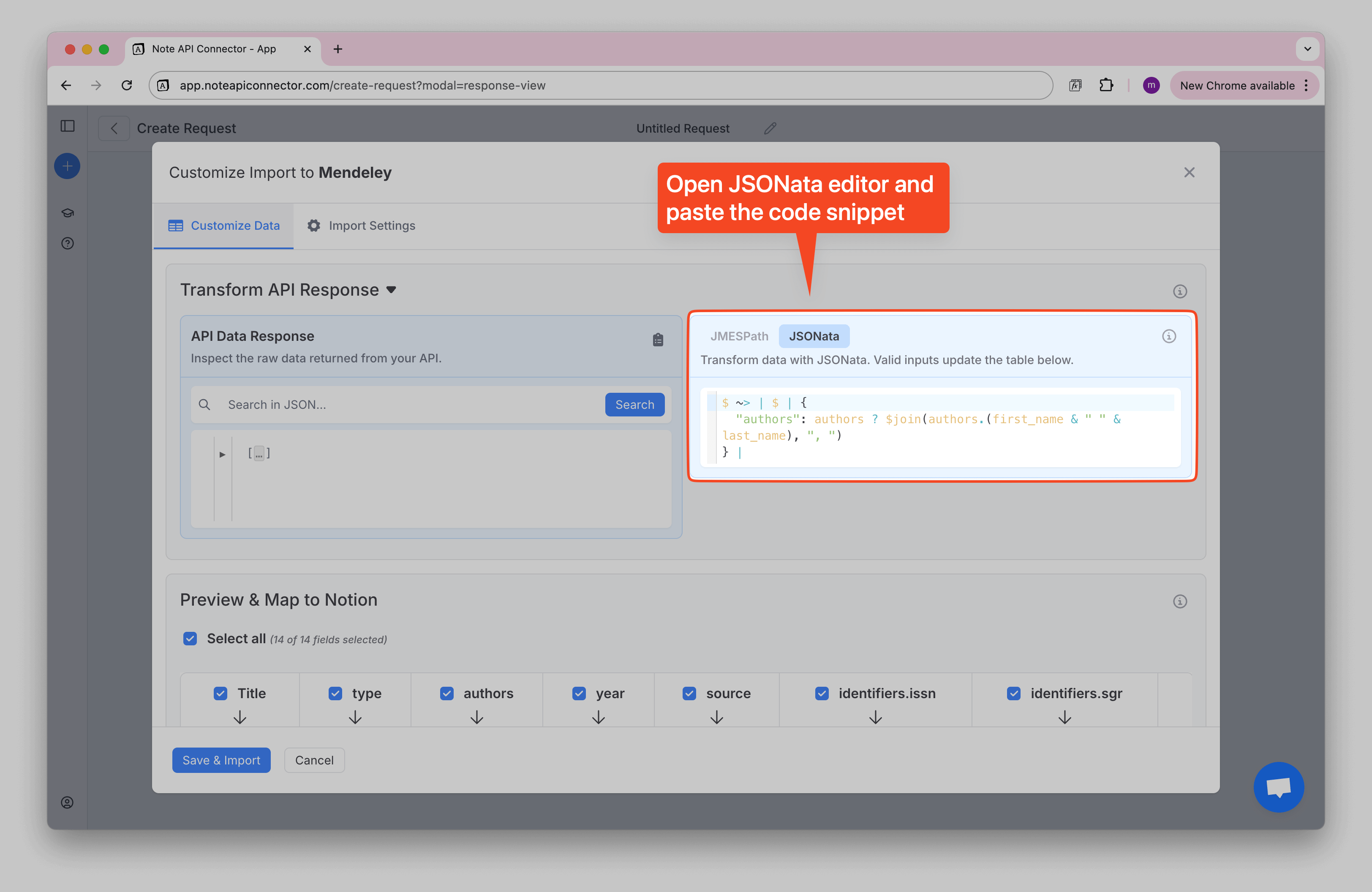 JSONata editor open with a field to paste the formatting expression