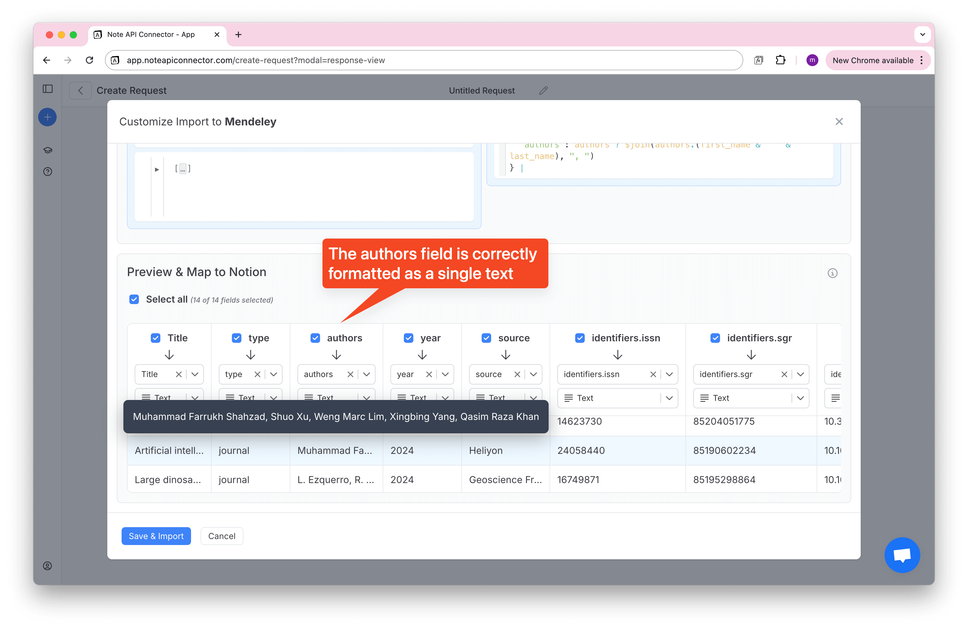 Preview & Map to Notion shows the authors column formatted as a single line of text