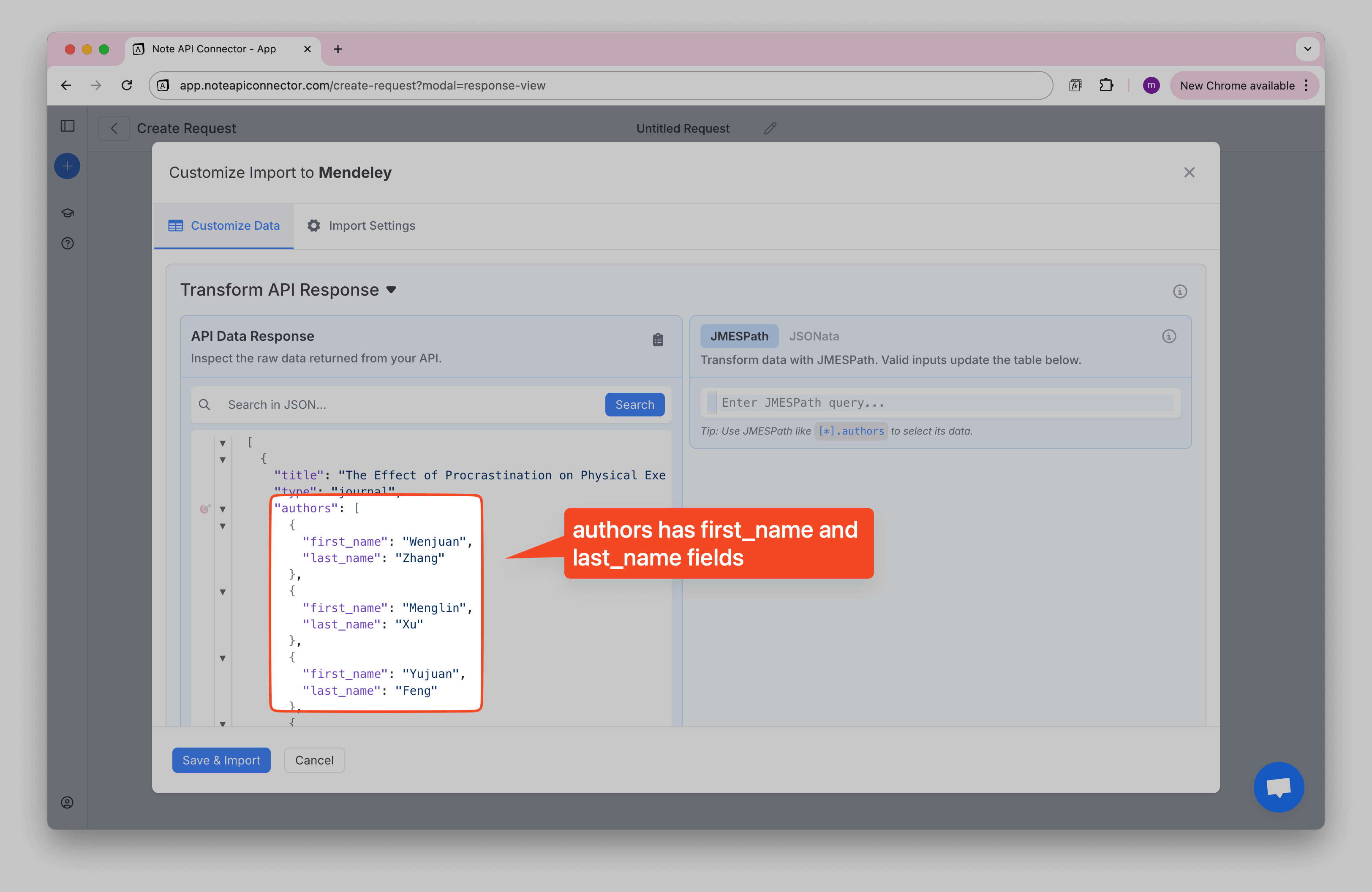 API Data Response shows authors as objects with first_name and last_name