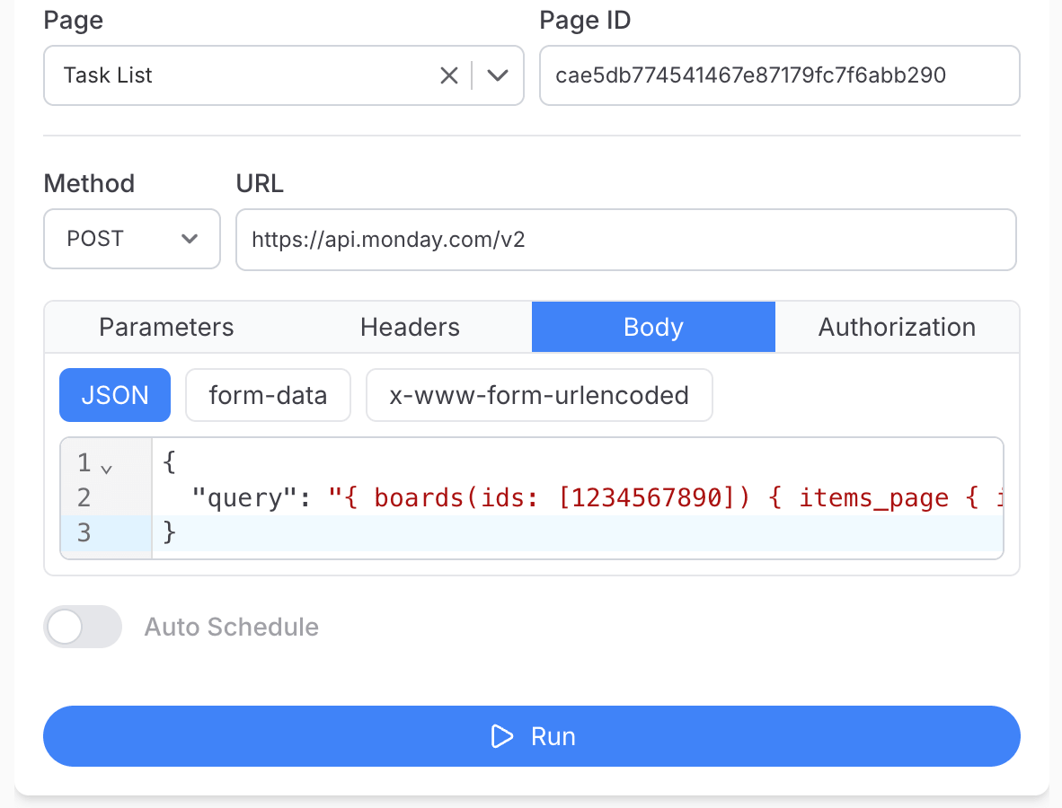Get your Monday.com API token and connect via Bearer Token - Note API Connector screenshot