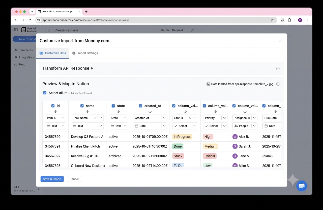 Choose your data and map fields - Note API Connector screenshot