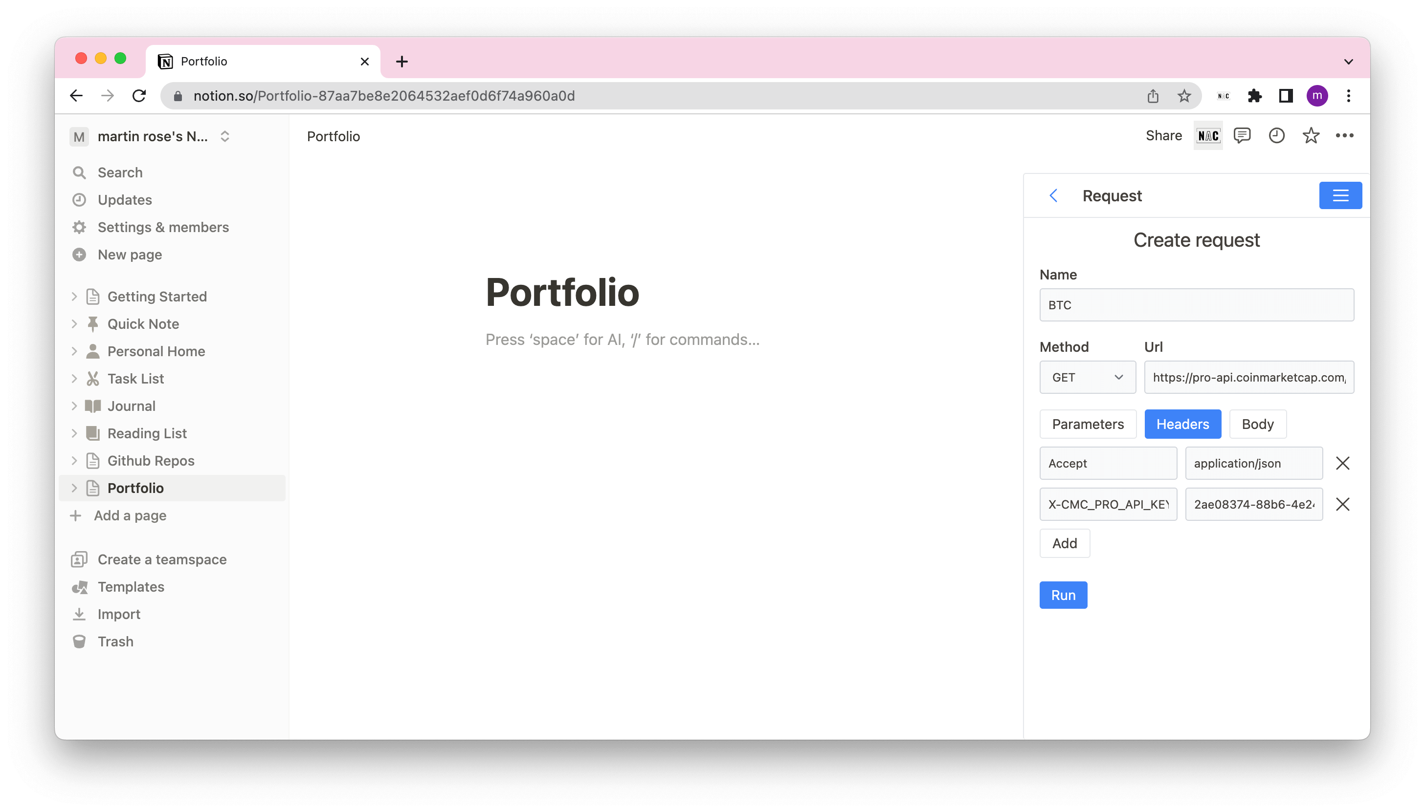 Note Api Connector request parameters