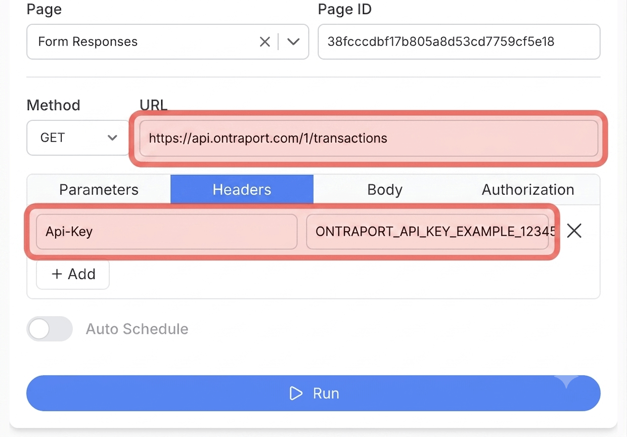 Get your Ontraport API key and App ID, then create your request - Note API Connector screenshot