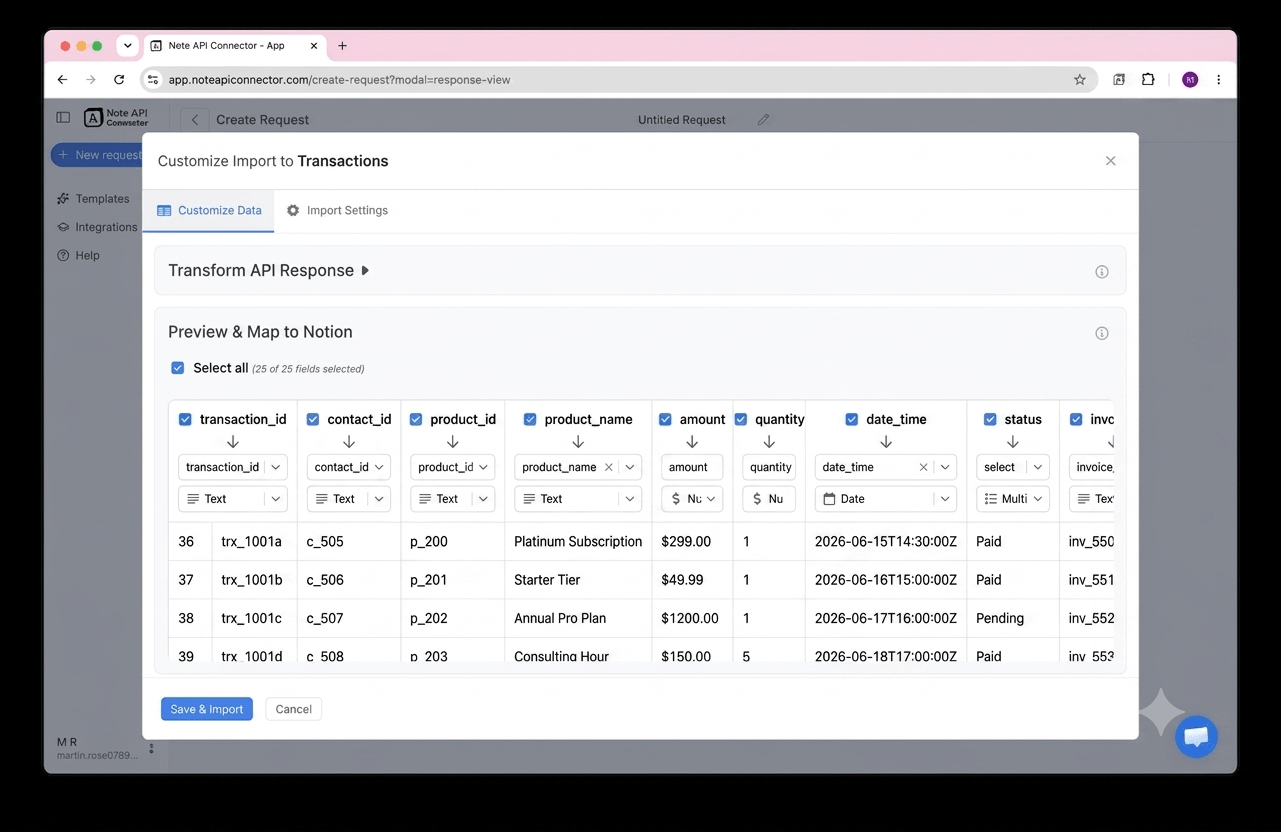 Choose your data and map fields - Note API Connector screenshot