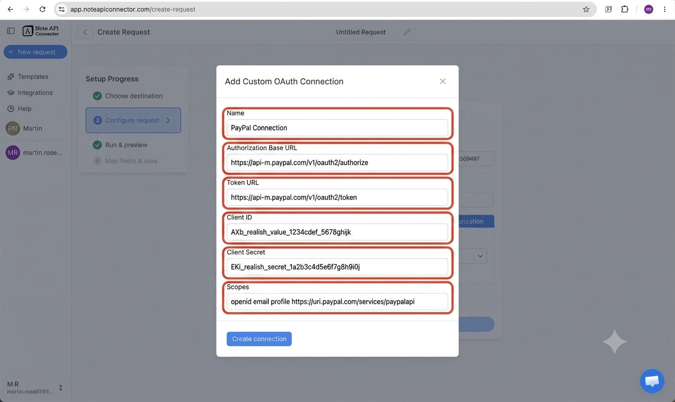 Get a PayPal access token and connect - Note API Connector screenshot