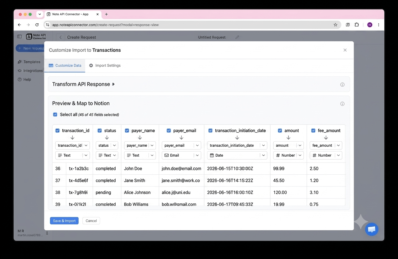 Choose your data and map fields - Note API Connector screenshot