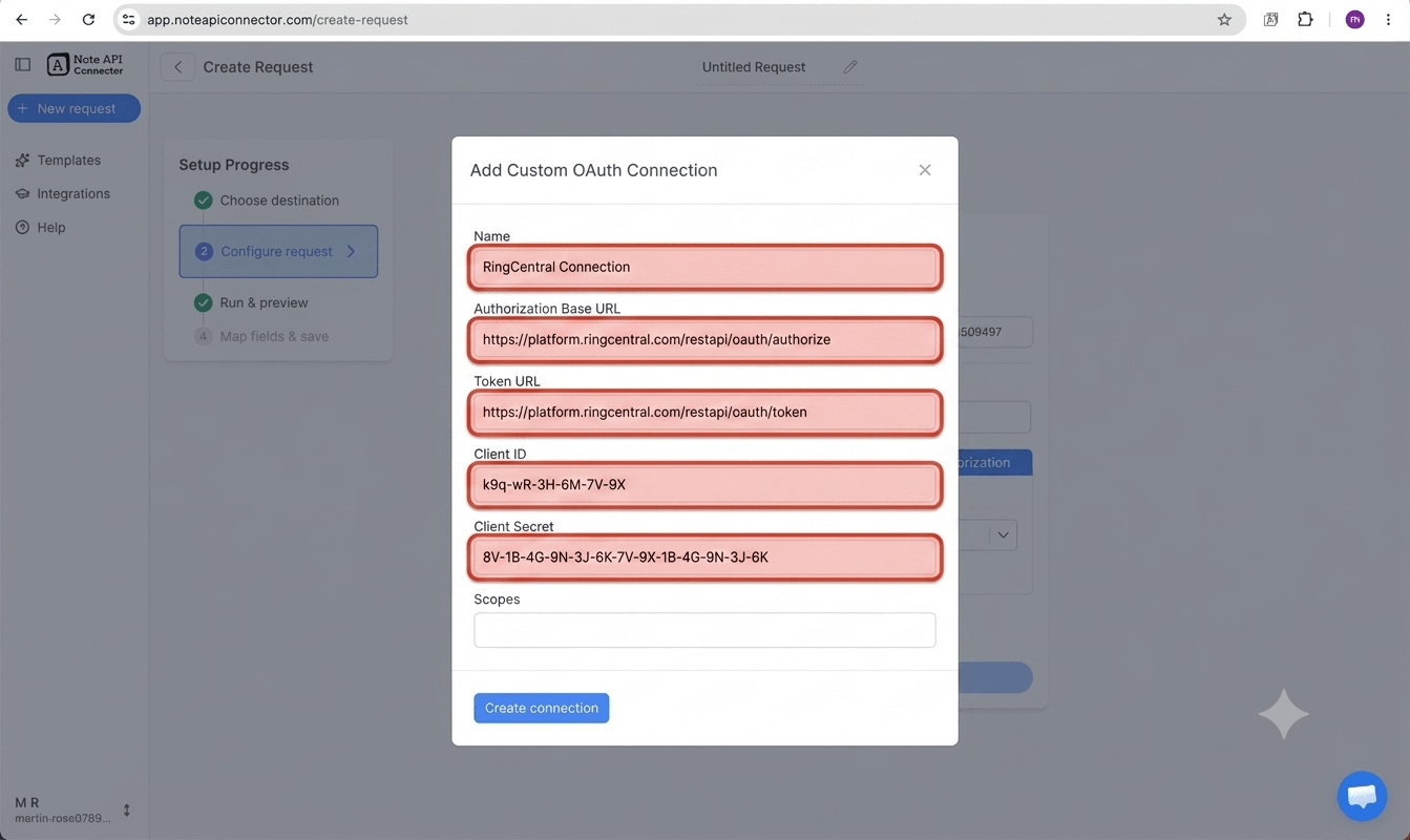 Create a RingCentral app and connect via OAuth - Note API Connector screenshot