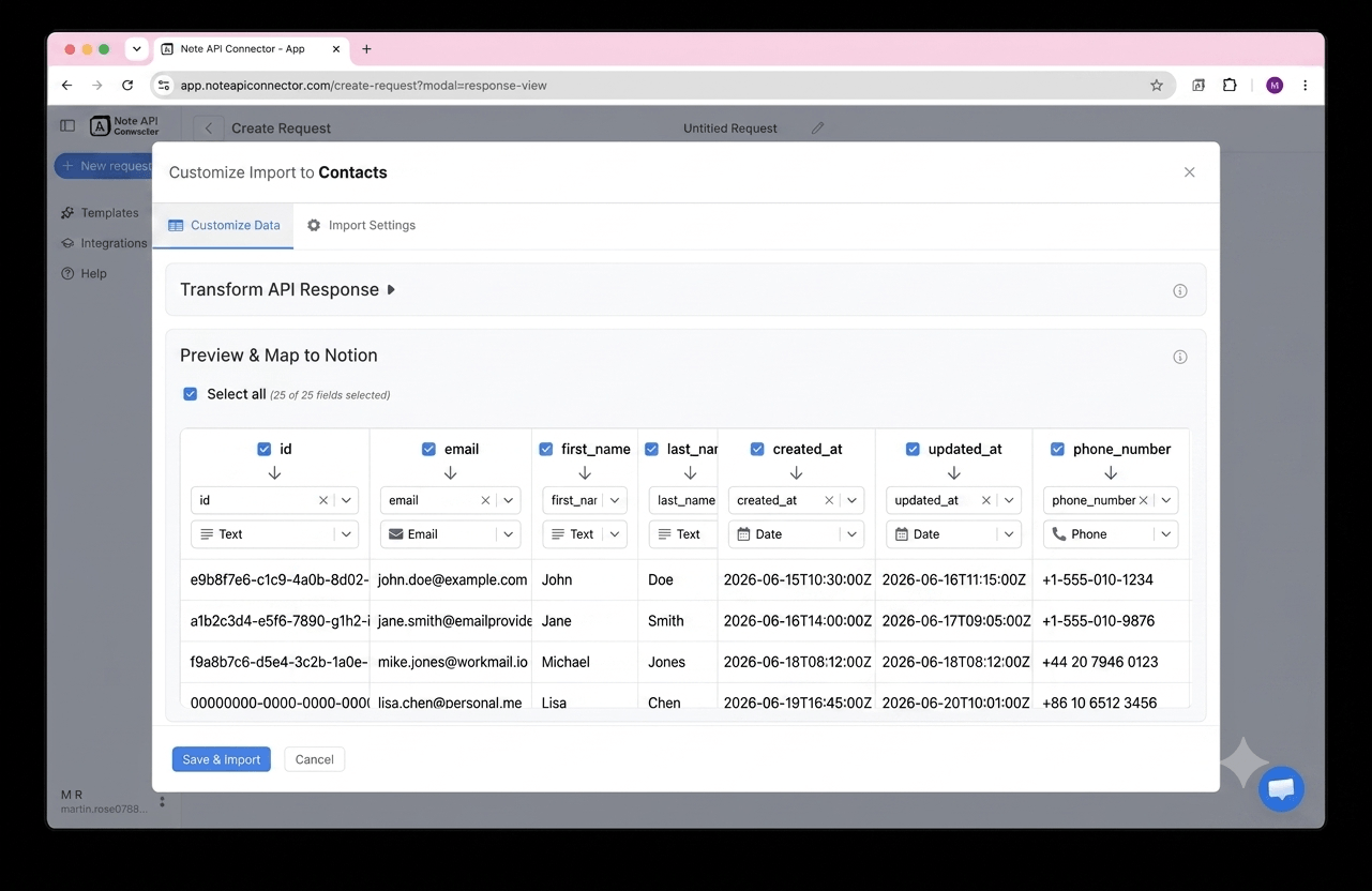 Choose your data and map fields - Note API Connector screenshot
