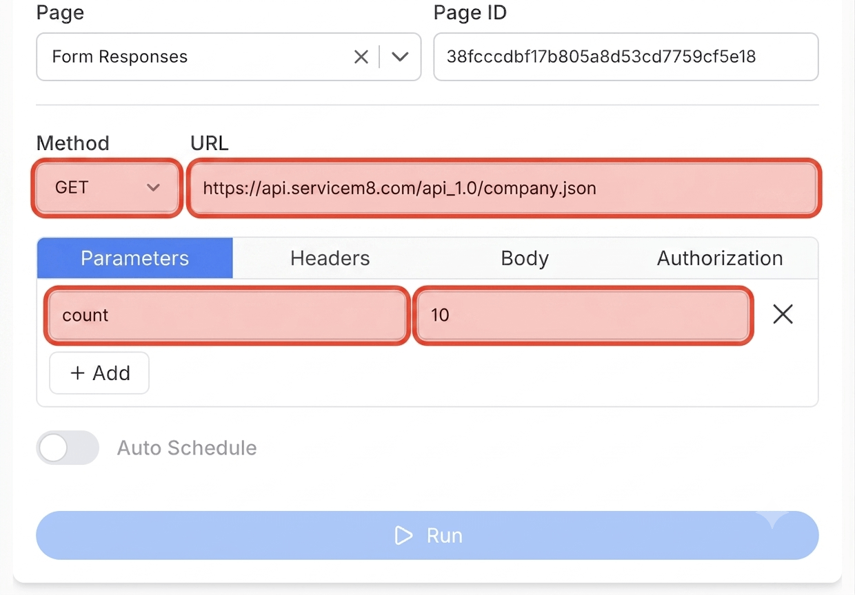 Get your ServiceM8 API key and connect - Note API Connector screenshot
