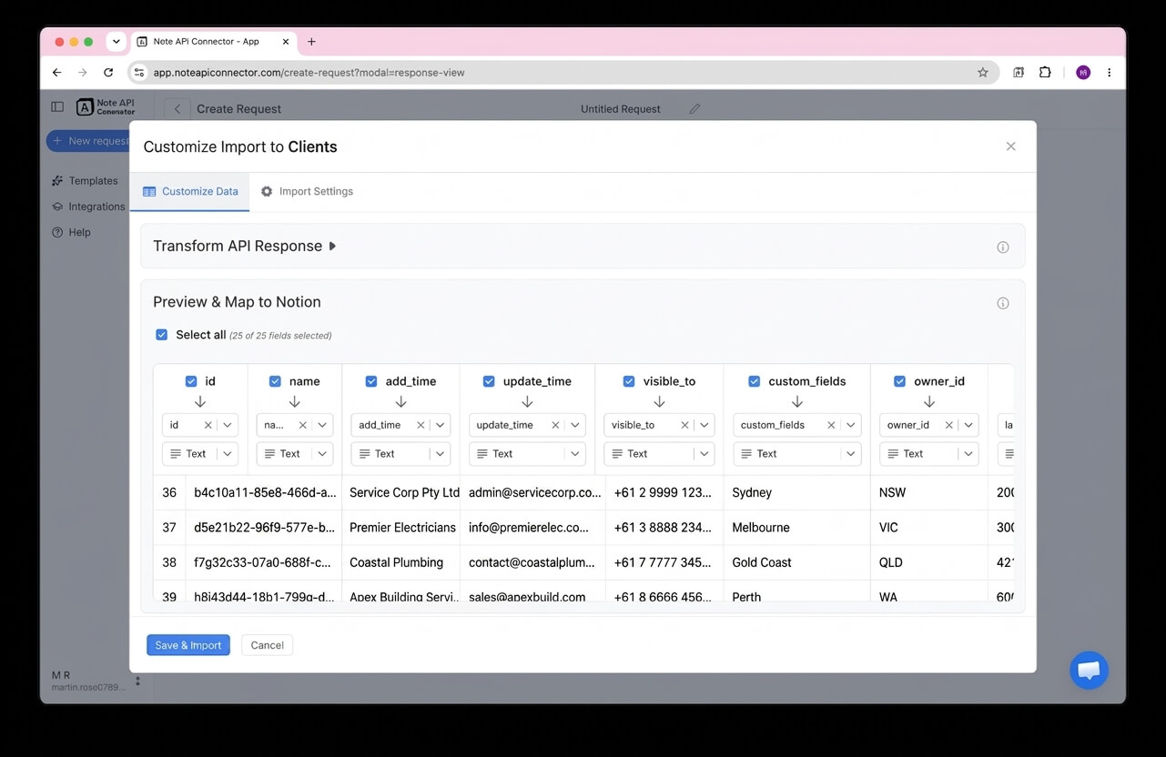 Choose your data and map fields - Note API Connector screenshot