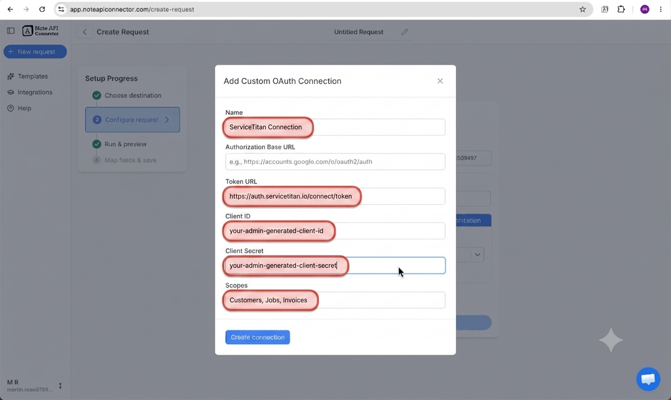 Get your ServiceTitan API credentials and access token - Note API Connector screenshot