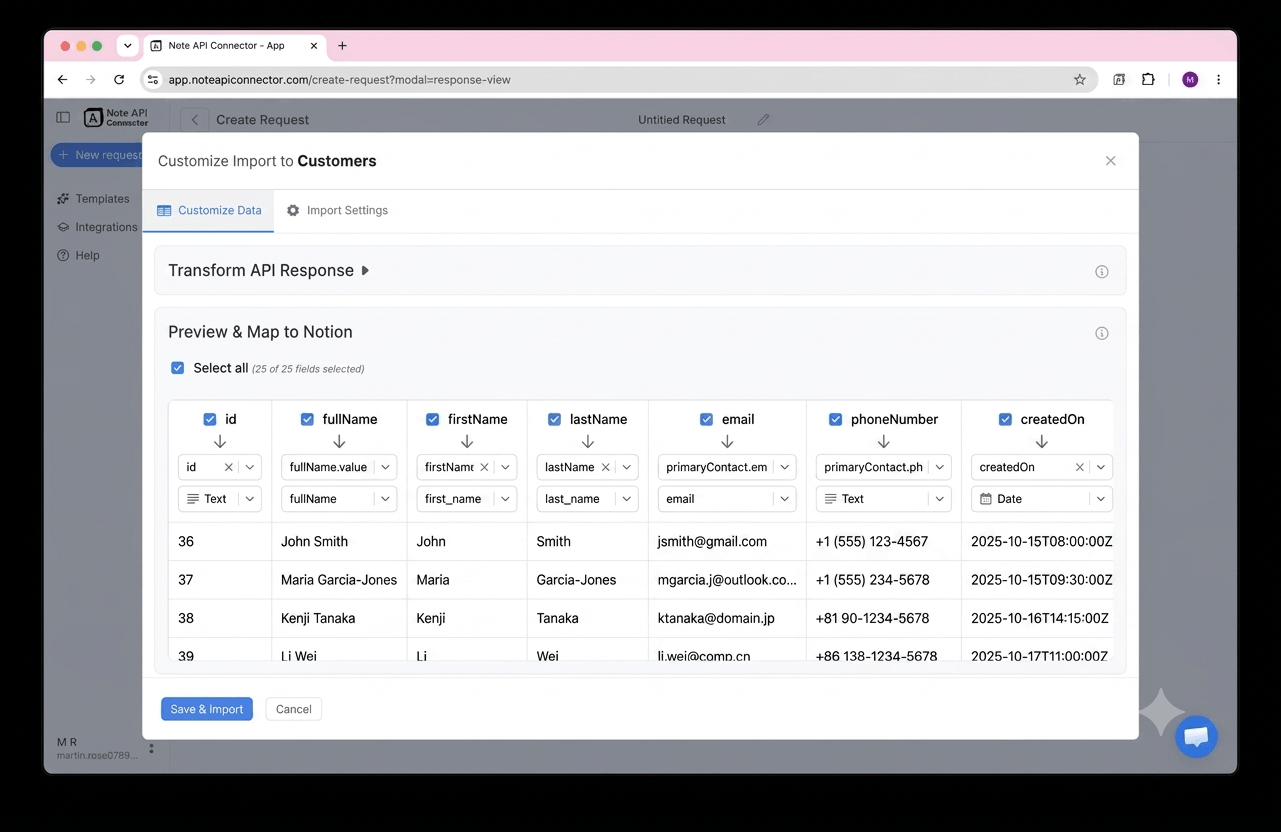 Create your data request with the access token - Note API Connector screenshot