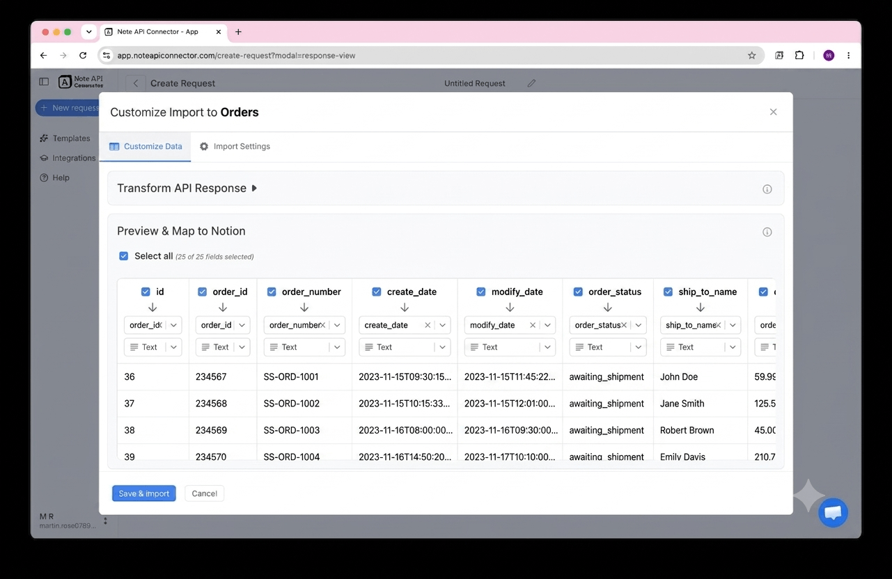 Choose your data and map fields - Note API Connector screenshot