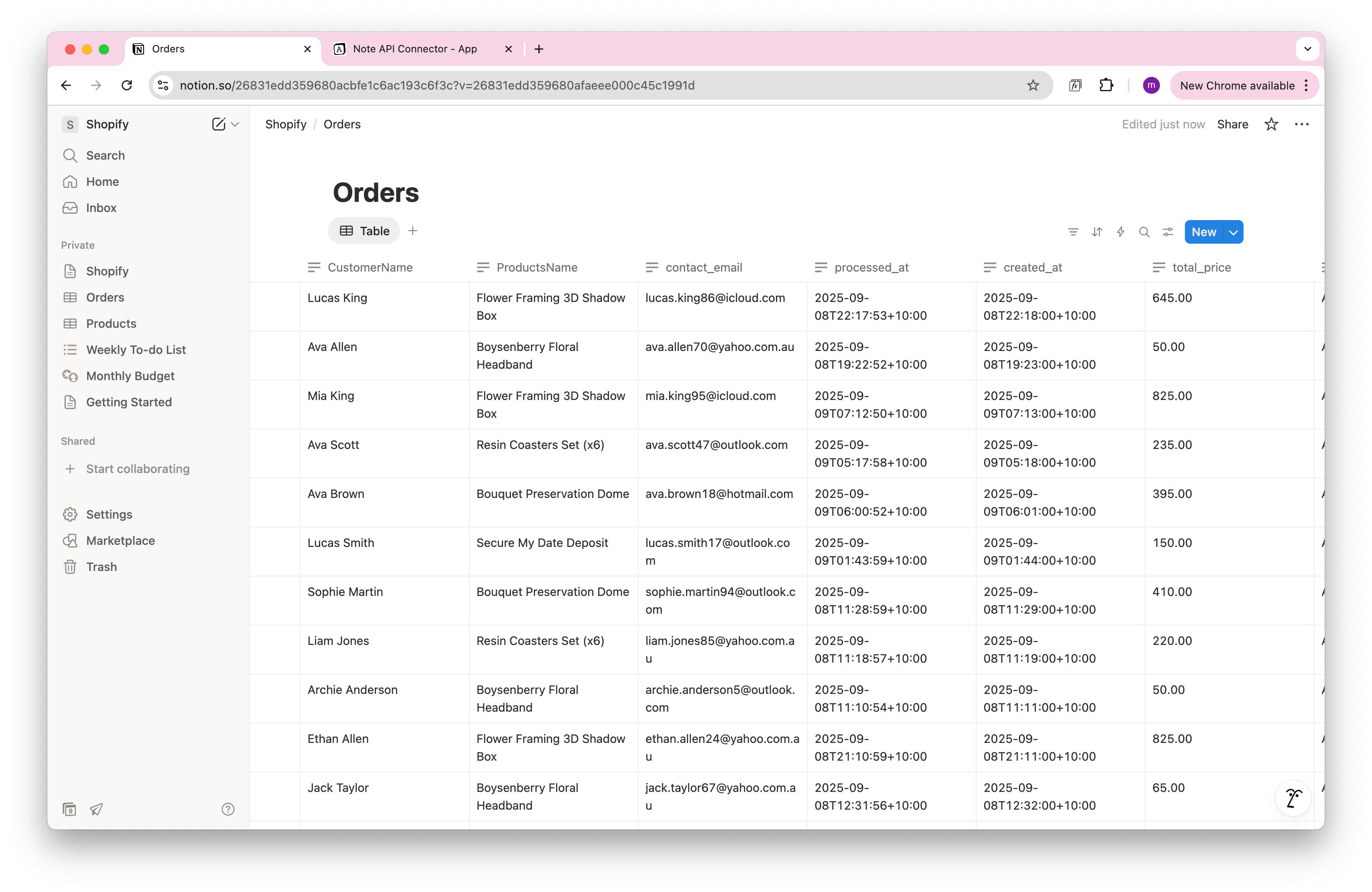 Notion Shopify Orders Integration
