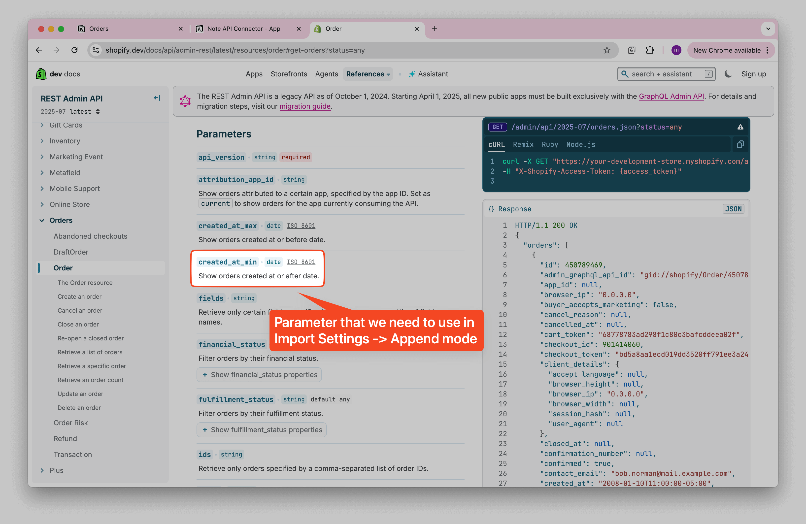 Notion Shopify Orders API Created Parameter