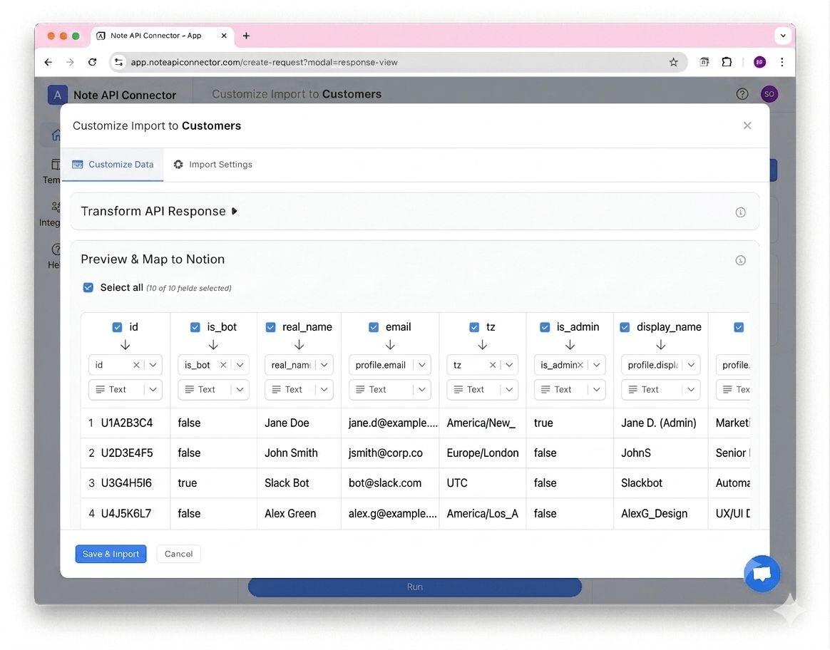 Choose your data and map fields - Note API Connector screenshot
