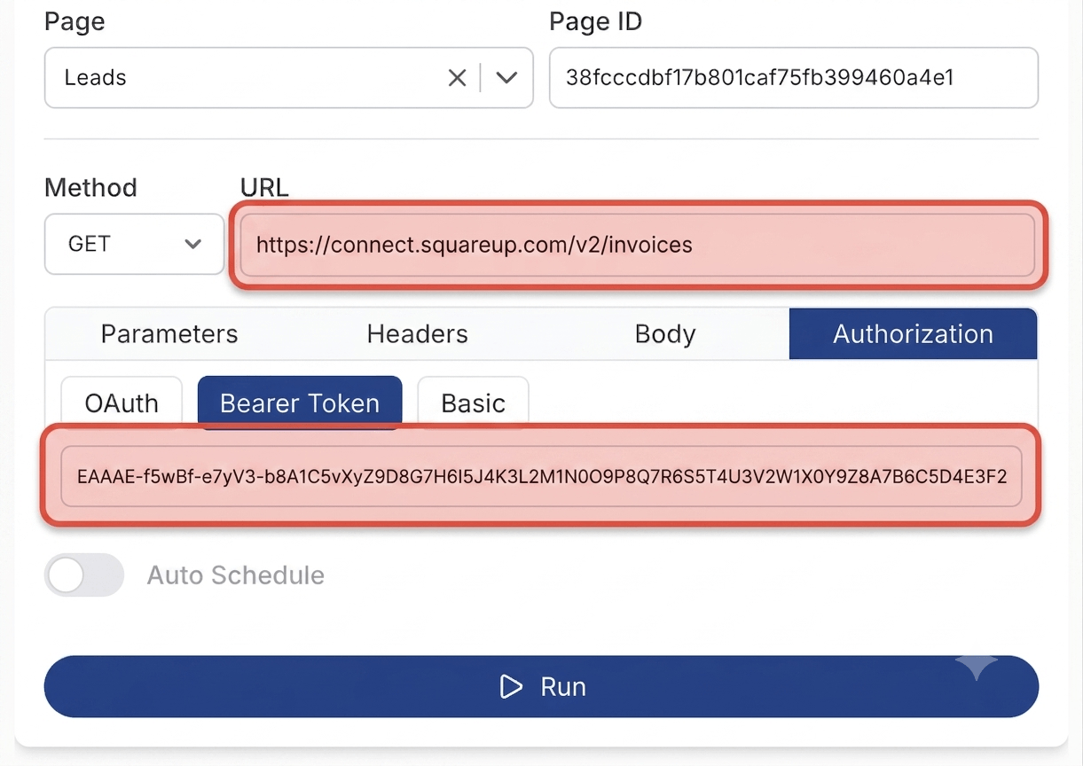 Get your Square access token and create your request - Note API Connector screenshot