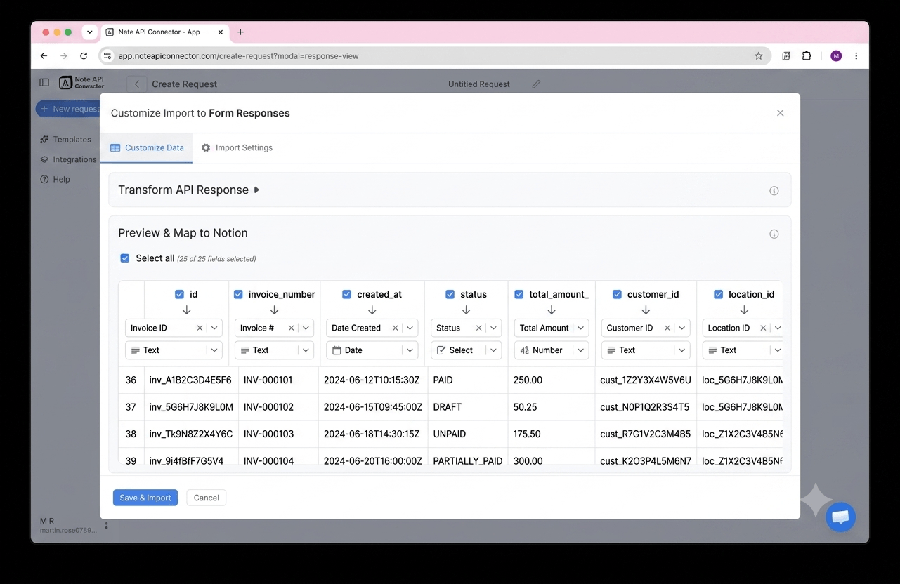 Choose your data and map fields - Note API Connector screenshot