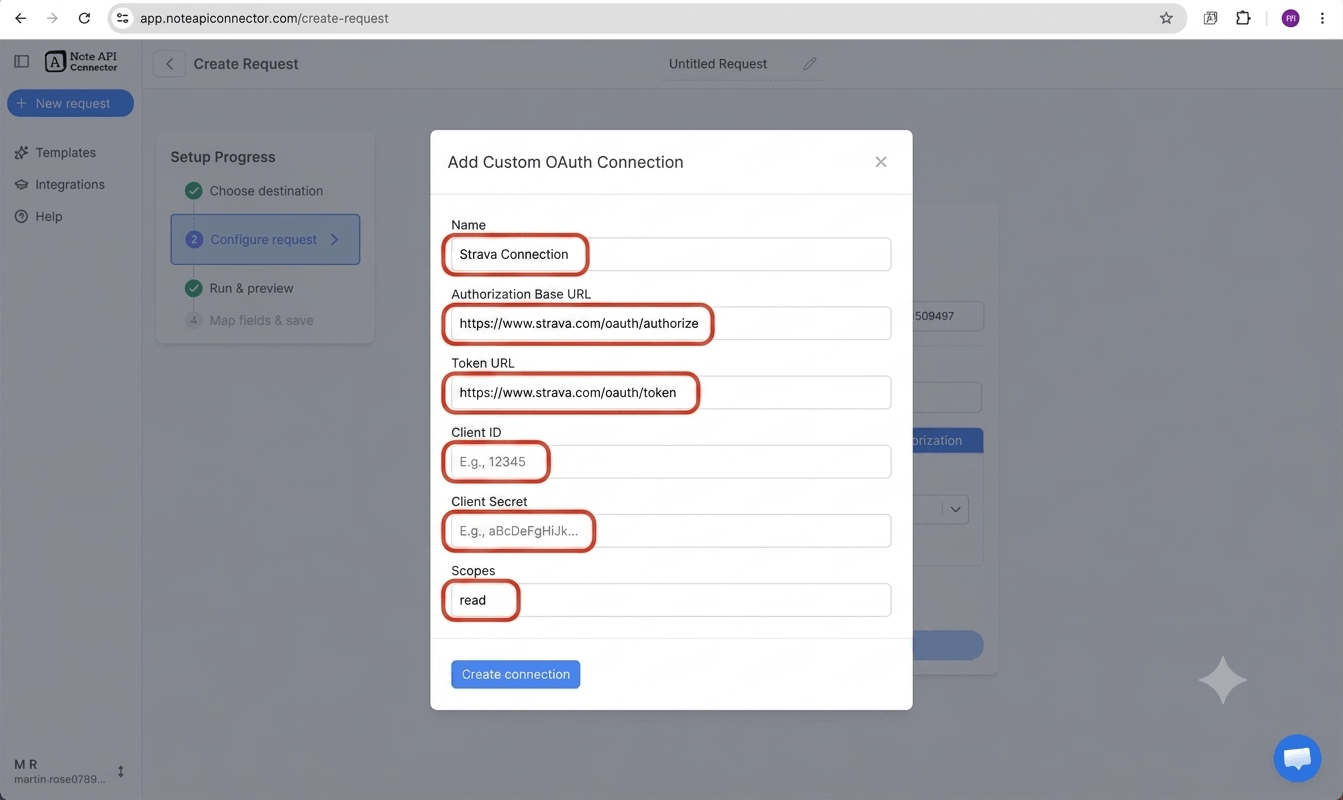 Create a custom OAuth connection and your request - Note API Connector screenshot