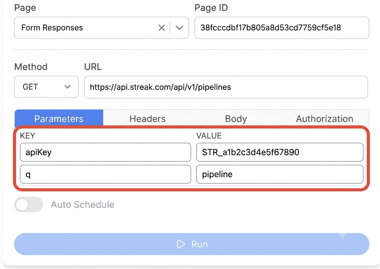 Get your Streak API Key and create your request - Note API Connector screenshot