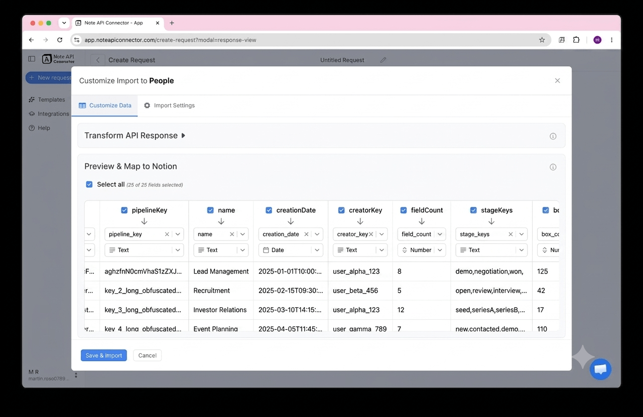 Choose your data and map fields - Note API Connector screenshot
