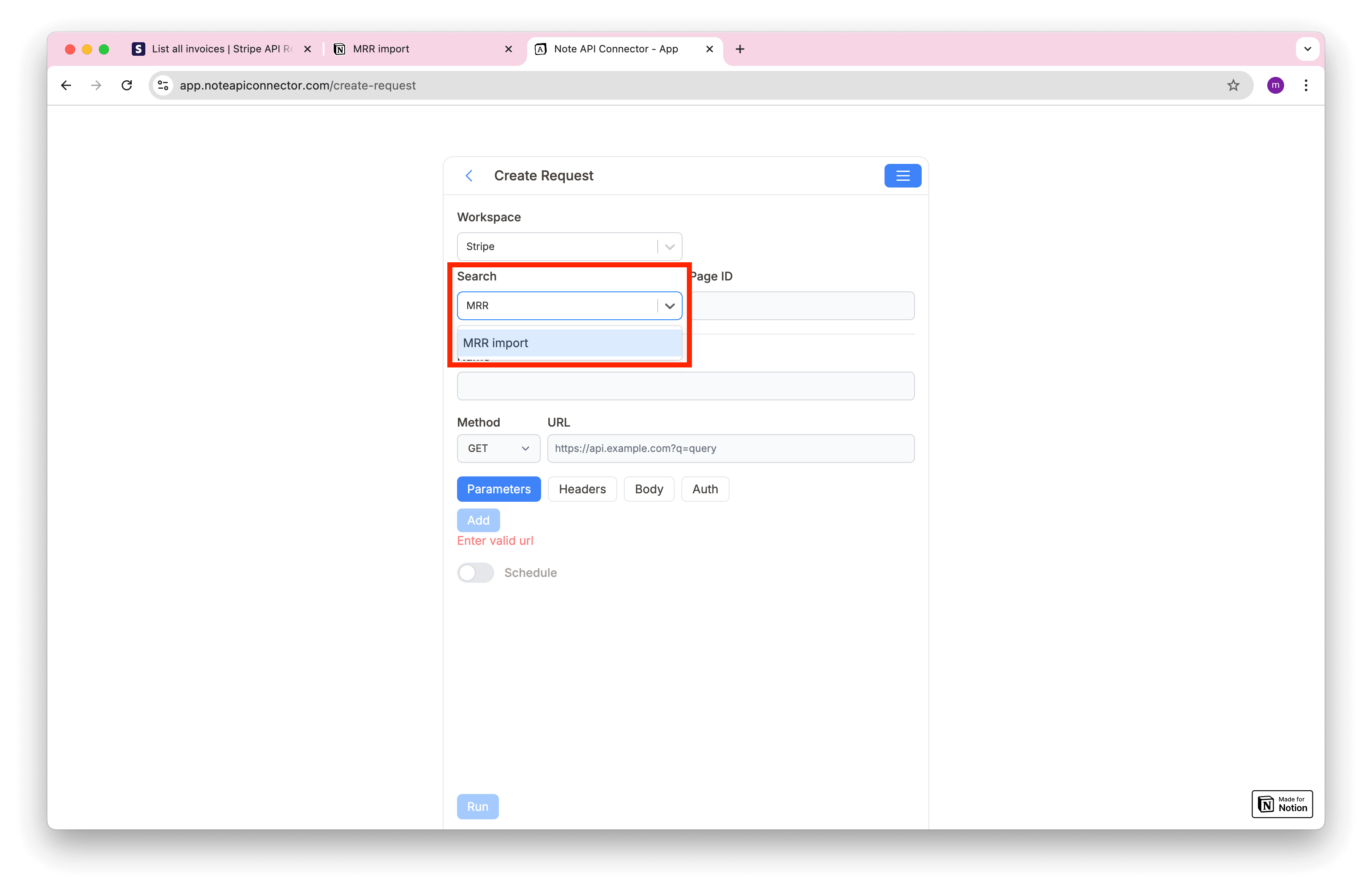 Note API Connector select page