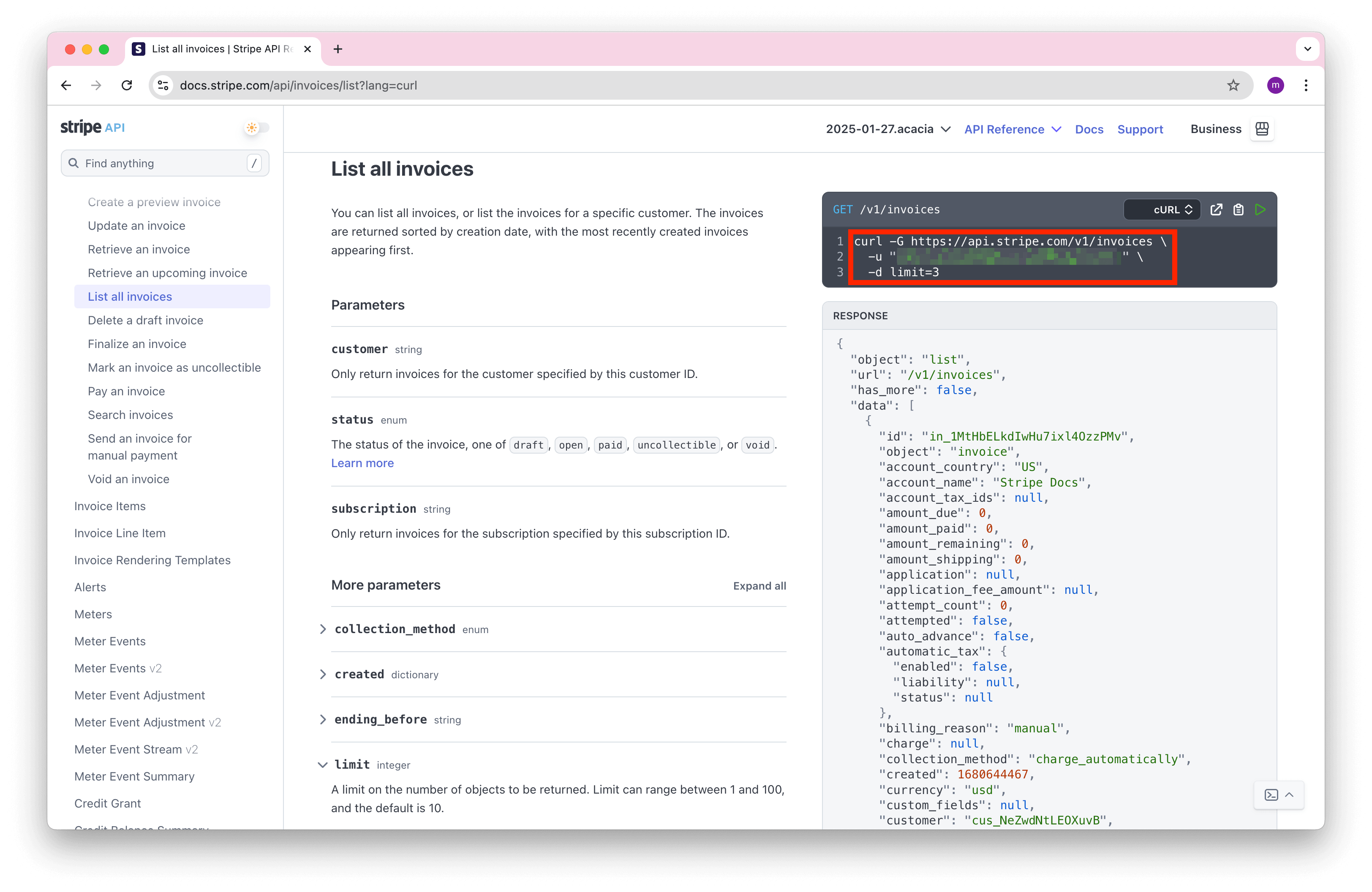 Stripe API Invoices