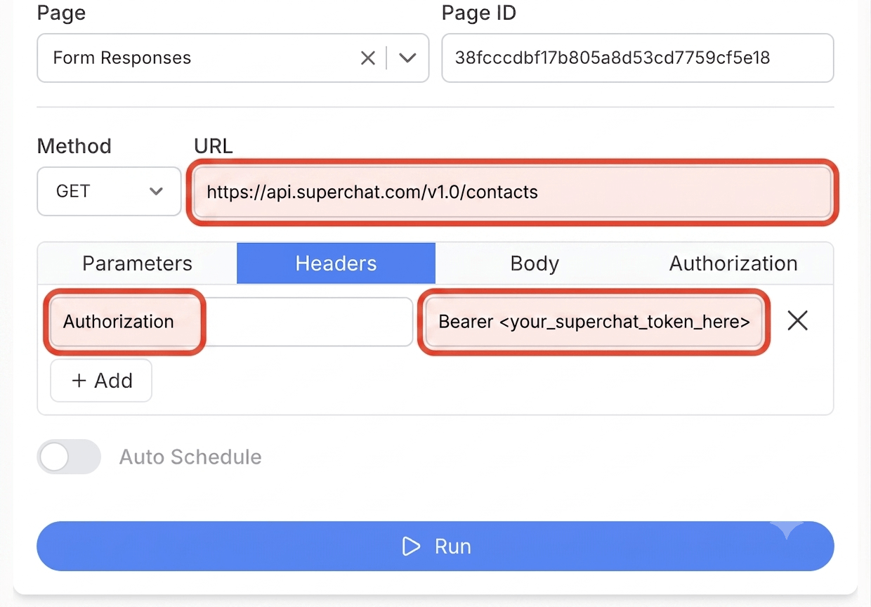 Get your Superchat API key and create your request - Note API Connector screenshot