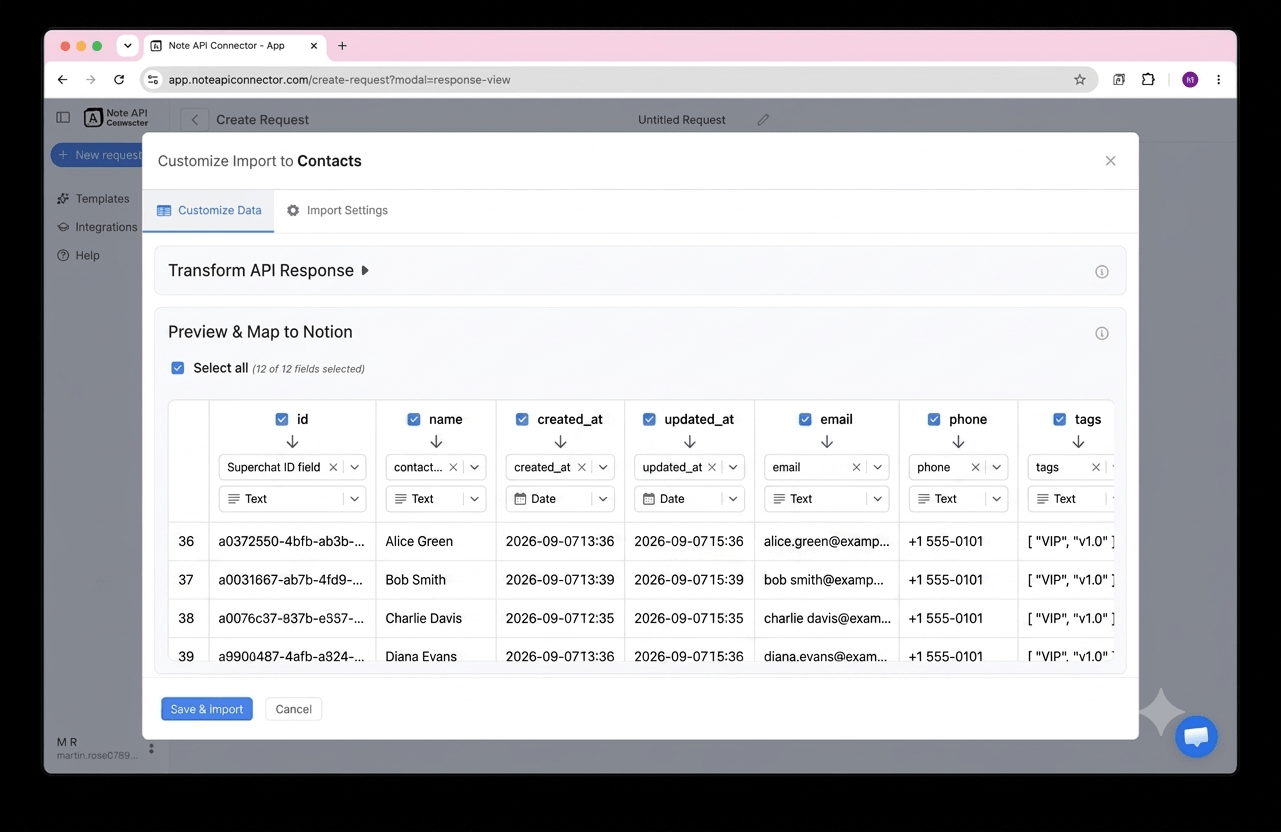 Choose your data and map fields - Note API Connector screenshot
