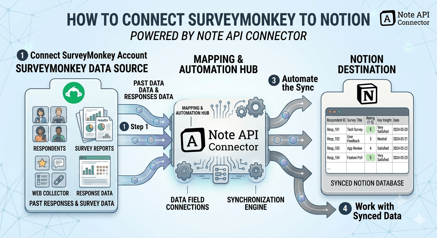How to connect SurveyMonkey to Notion using Note API Connector: overview diagram showing data flow from SurveyMonkey surveys, responses, and contacts through the mapping hub to a synced Notion database