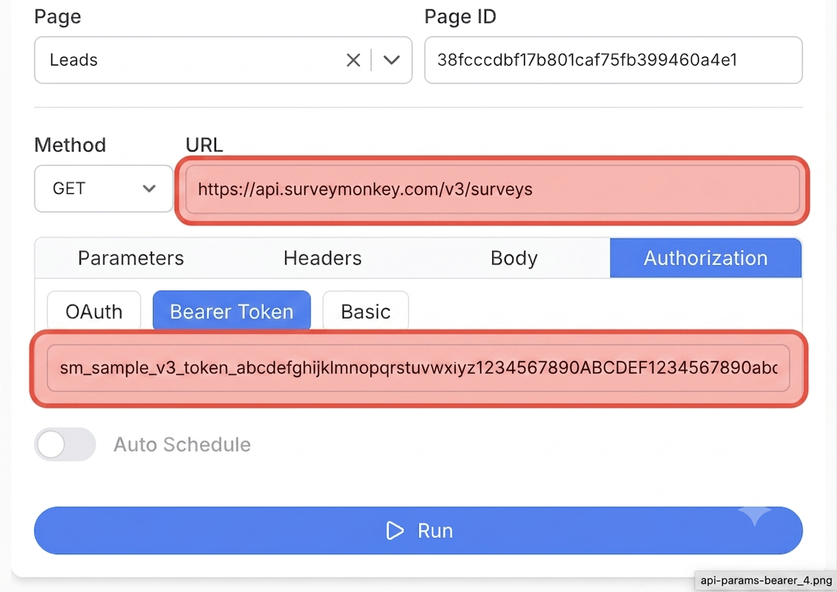 Get your SurveyMonkey access token and connect - Note API Connector screenshot