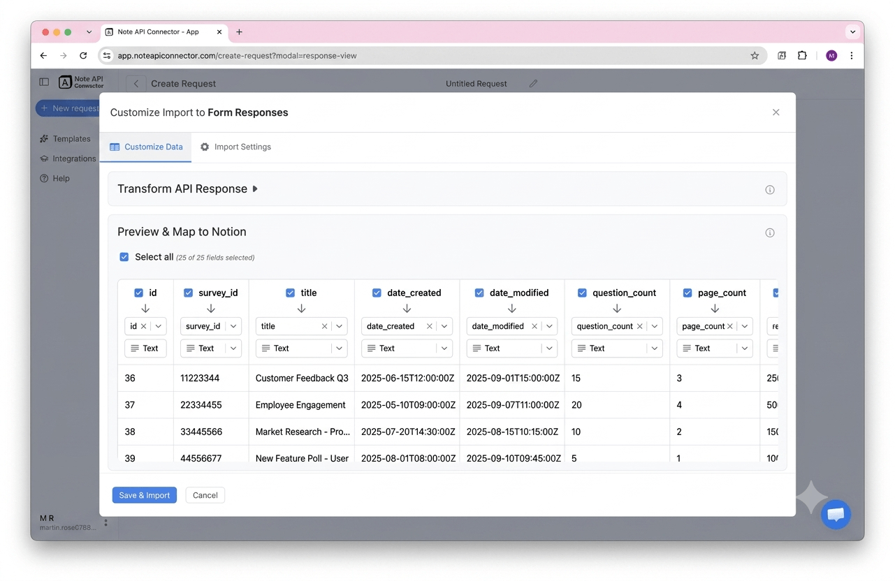 Choose your data and map fields - Note API Connector screenshot