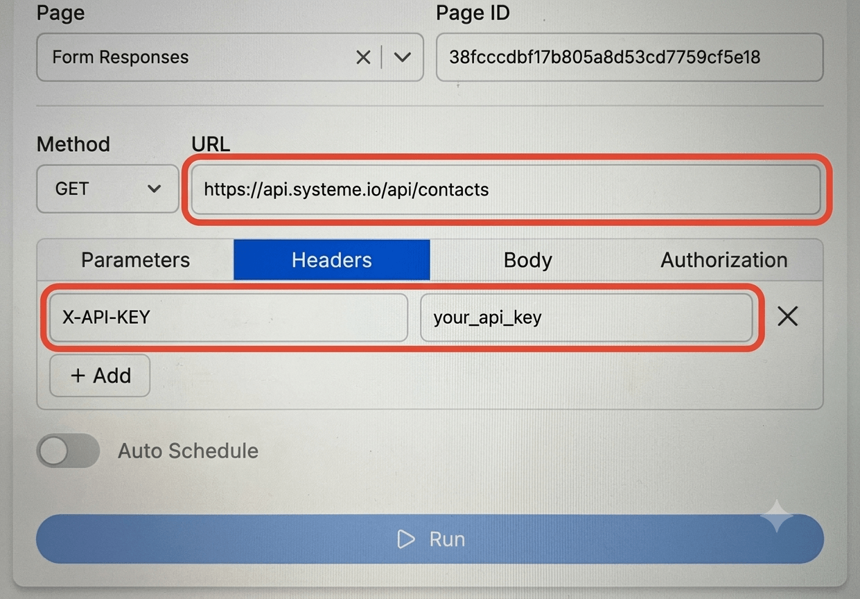 Get your systeme.io API key and connect - Note API Connector screenshot