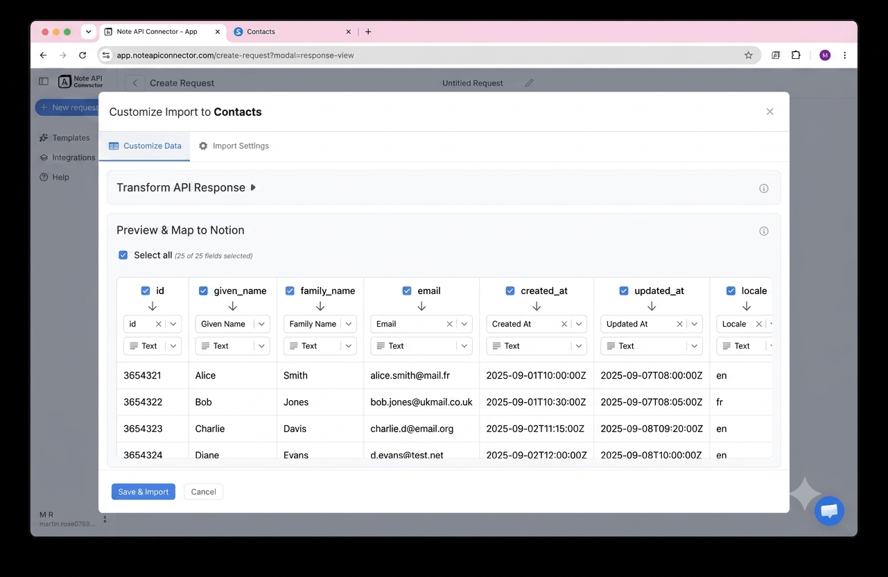 Choose your data and map fields - Note API Connector screenshot