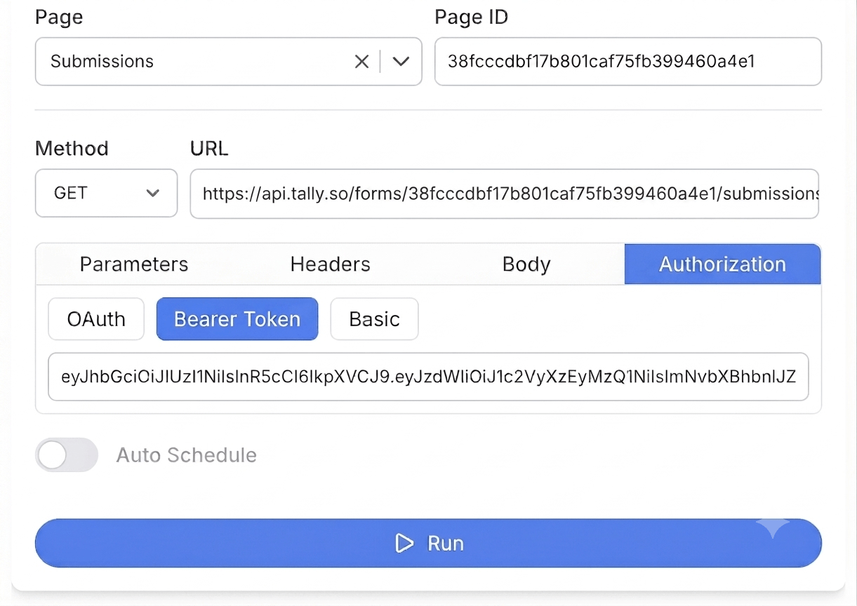 Get your Tally API key and create your request - Note API Connector screenshot