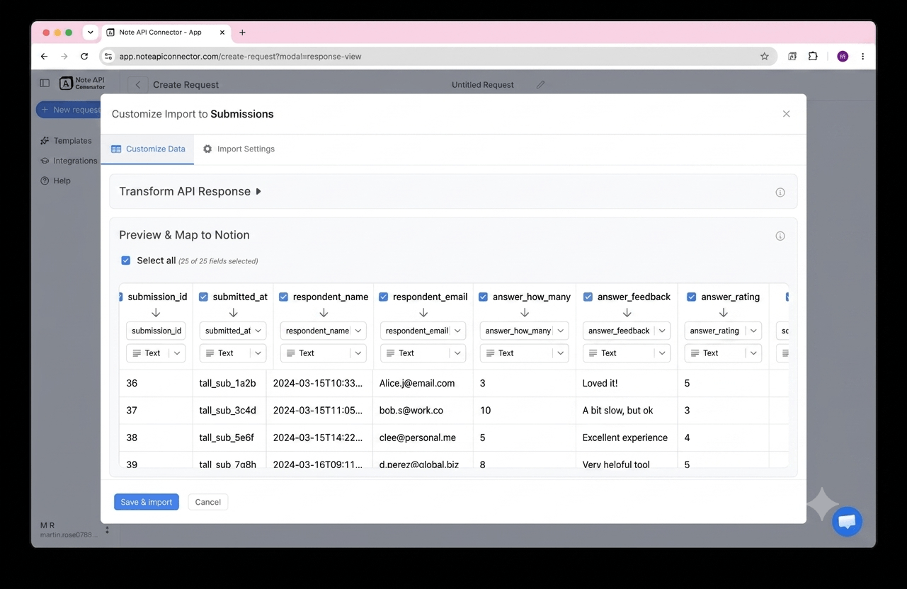 Choose your data and map fields - Note API Connector screenshot