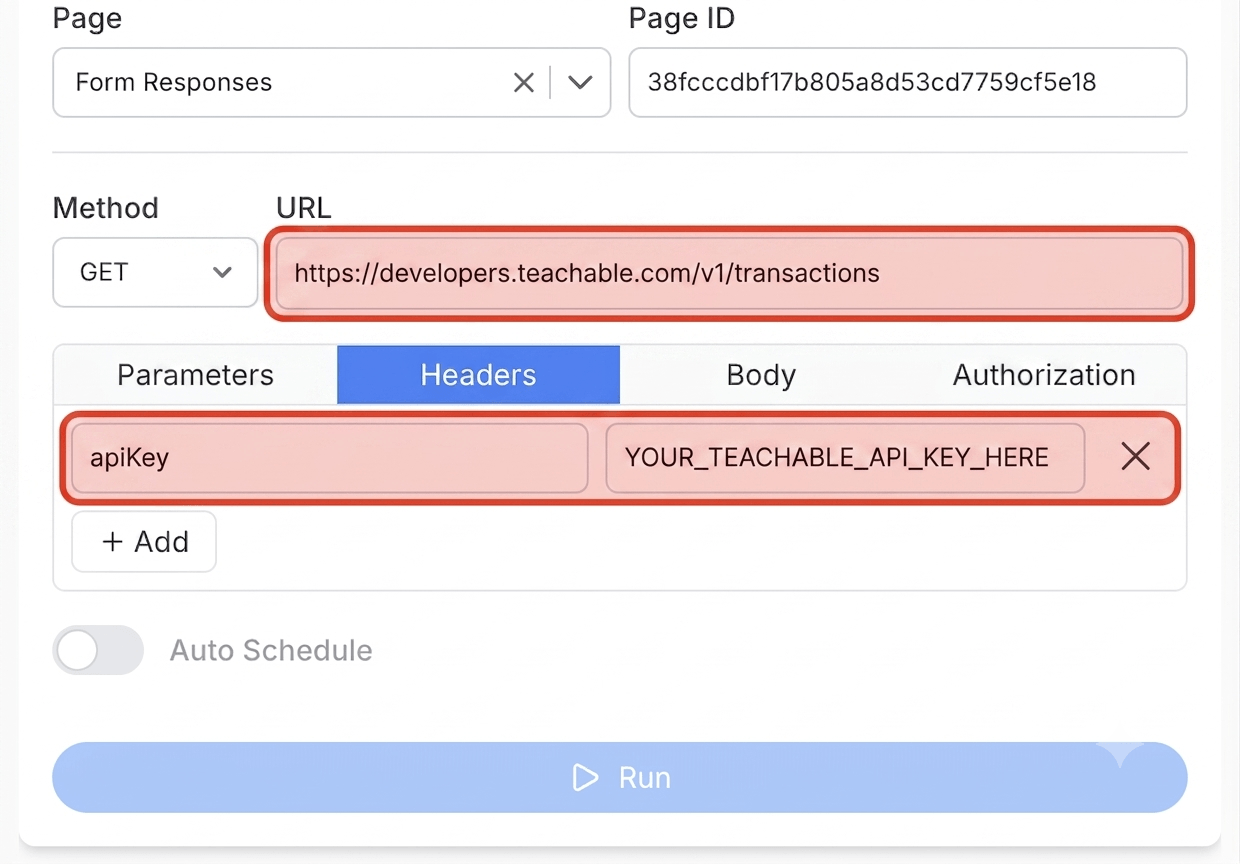 Get your Teachable API key and create your request - Note API Connector screenshot
