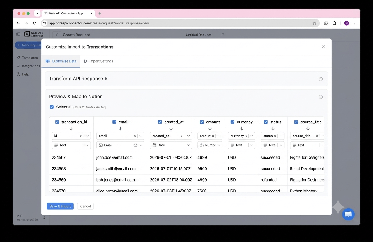 Choose your data and map fields - Note API Connector screenshot
