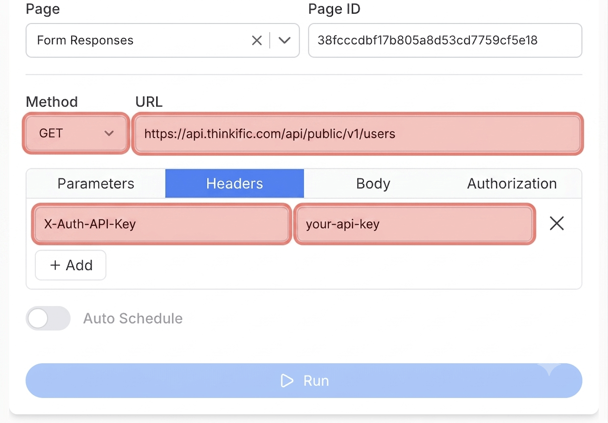 Get your Thinkific API key and connect - Note API Connector screenshot