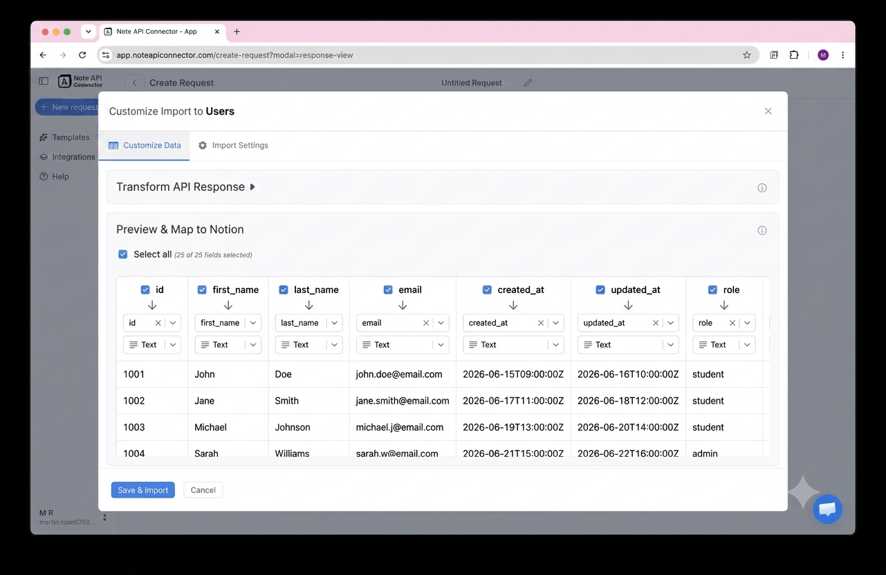 Choose your data and map fields - Note API Connector screenshot