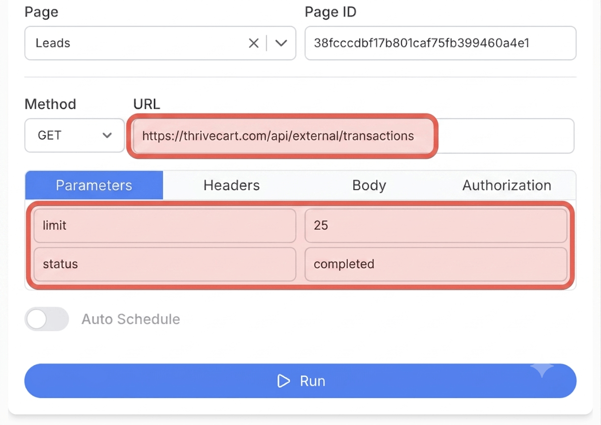 Get your ThriveCart API token and create your request - Note API Connector screenshot