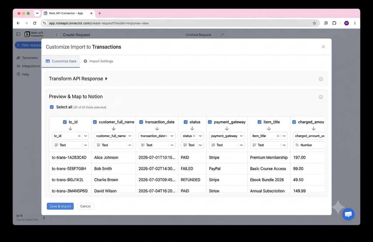 Choose your data and map fields - Note API Connector screenshot