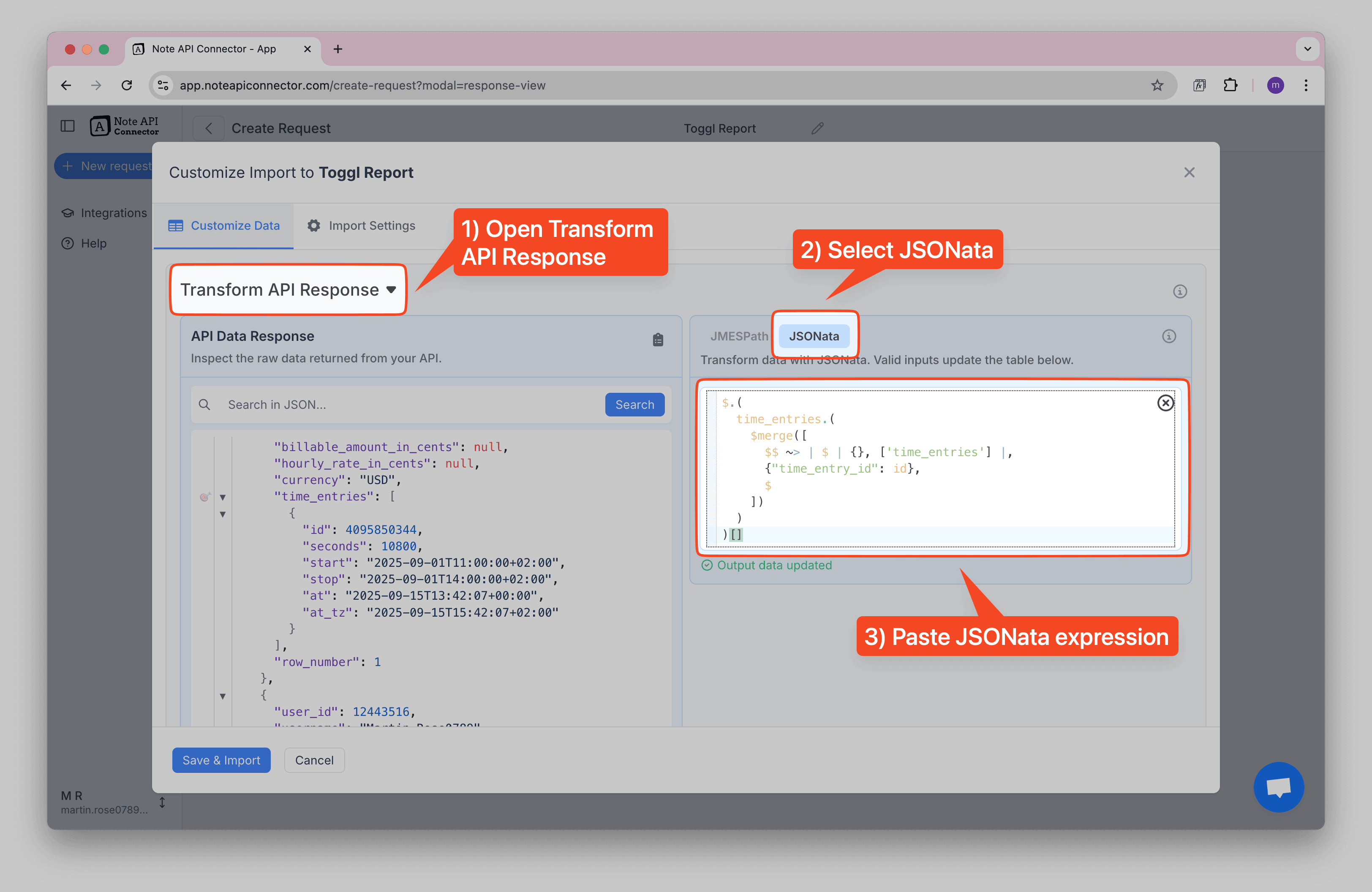JSONata editor open with flattening expression