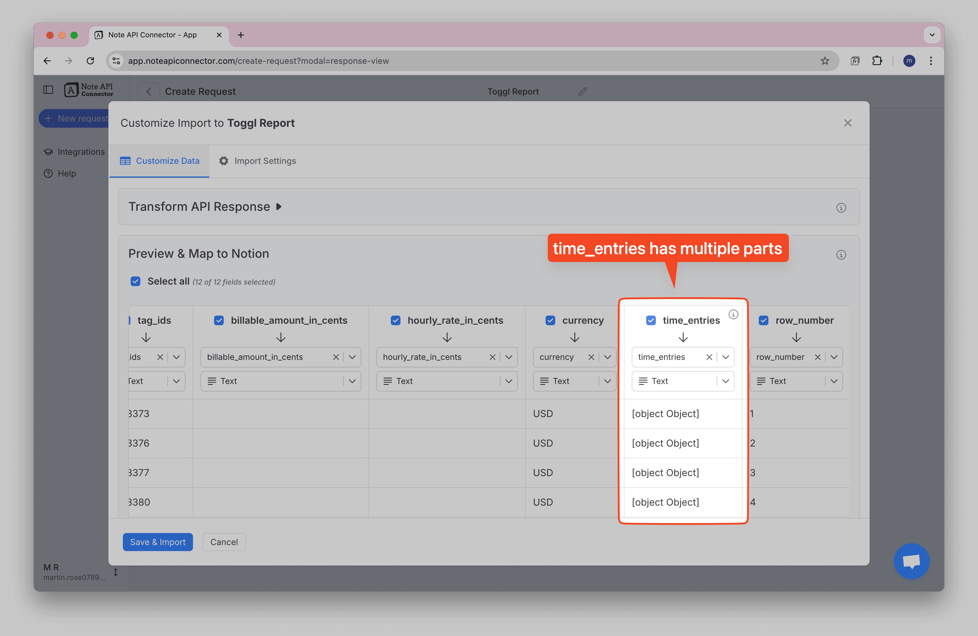Toggl Time Entries Nested Data