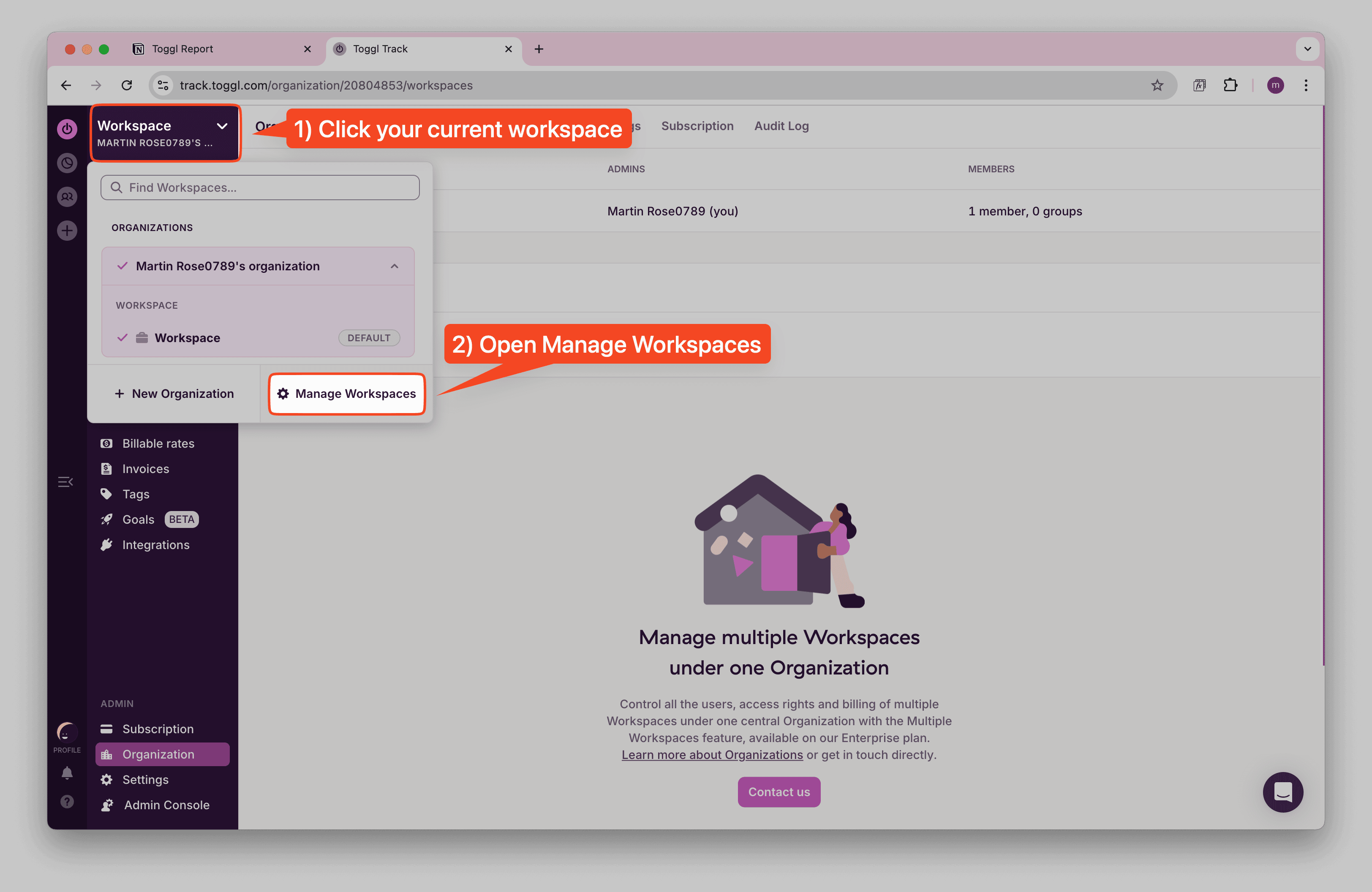 Toggl Manage Workspaces