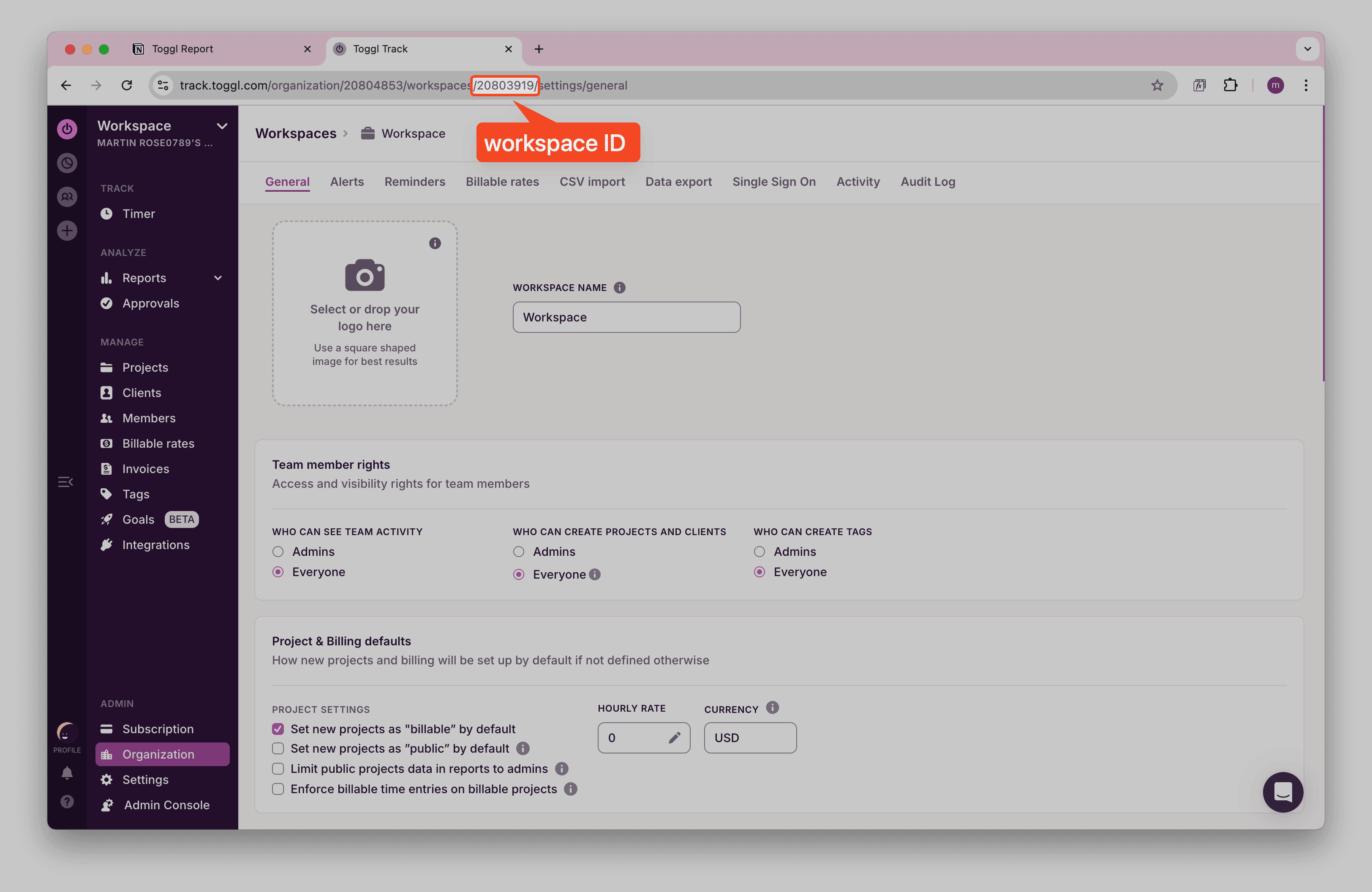 Toggl Workspace ID in URL